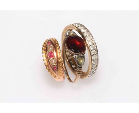 Tiny ruby and seed pearl 9 carat gold ring, diamond 9 carat gold eternity ring, and third ring (3).