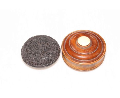 Mahogany circular table snuff box, 9.5cm diameter and another box (2).