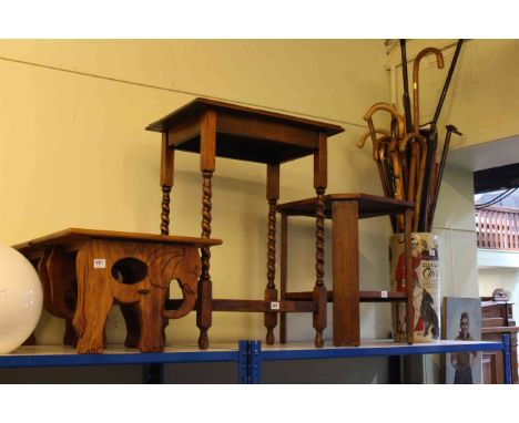 Pottery stick stand and sticks, two oak occasional tables and pair hardwood elephant stools.