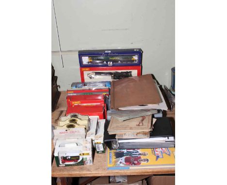 Collection of Diecast model vehicles including Hornby OO Gauge, footbridge, cigarette cards, FDCs, ephemera, etc.