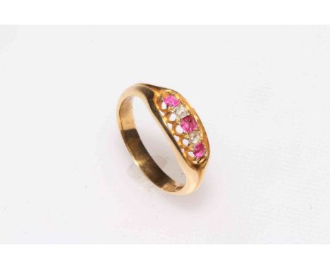 Ruby and diamond five stone 18 carat gold ring, size Q/R.