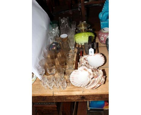Victorian oil lamp, scallop shells, glasswares, etc.