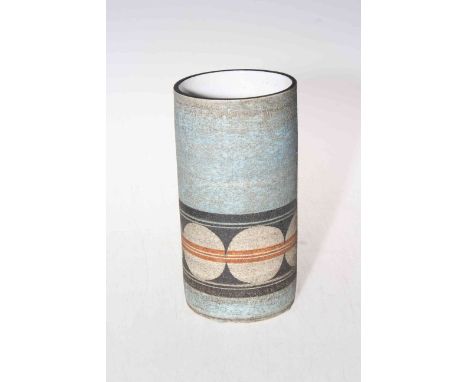 Troika cylindrical vase, marked TROIKA CORNWALL ENGLAND and Honor Curtis monogram, 19cm.