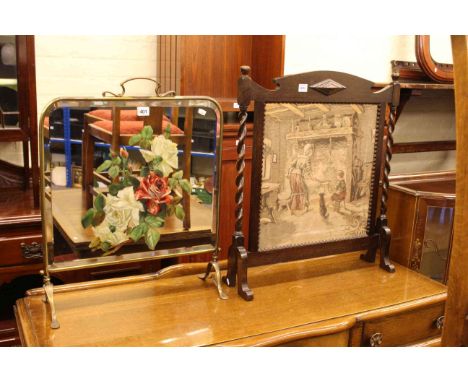 Edwardian brass and painted mirror panel firescreen and oak barley twist and needlework panel firescreen (2).