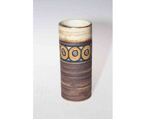 Troika cylindrical vase, marked TROIKA and monogram for possibly Linda Hazel, 20.5cm.