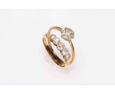 Diamond five stone 18 carat gold ring, size N, together with diamond seven stone cluster 18 carat gold ring, size P (2).