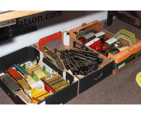 Clockwork model railway including rolling stock, track, crossings, platforms, walk bridges, tunnel, etc.