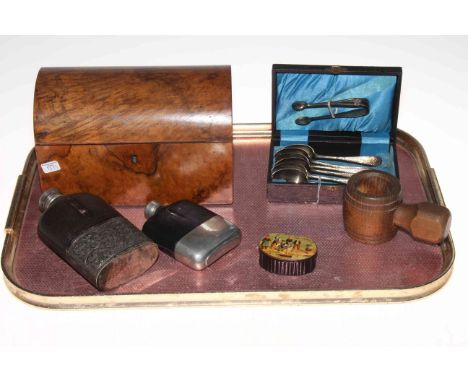 Victorian walnut caddy, two spirit flasks, silver teaspoons and tongs, nut cracker and snuff box (6).