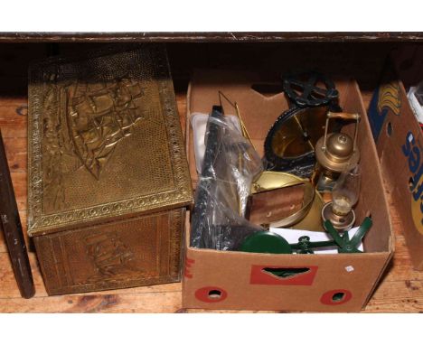 Salter and other scales, miners lamp and brass mining ornament, brass coal box, etc.
