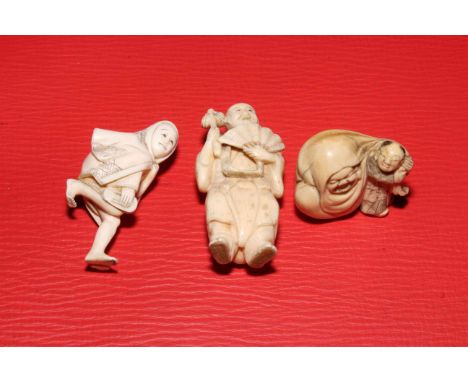 Three Japanese ivory netsuke including signed figure with fan, 6cm.