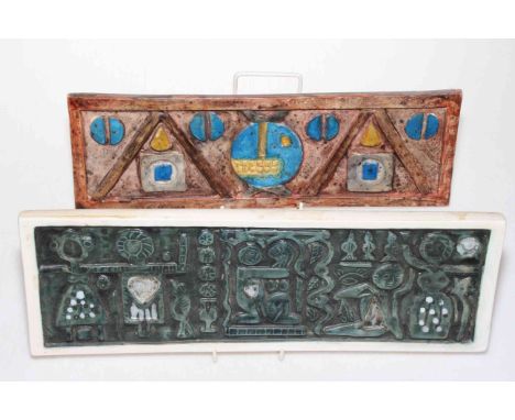 Troika plaque with predominantly green decoration, marked TROIKA ST IVES ENGLAND and monogram for Stella Benjamin, 13cm by 38