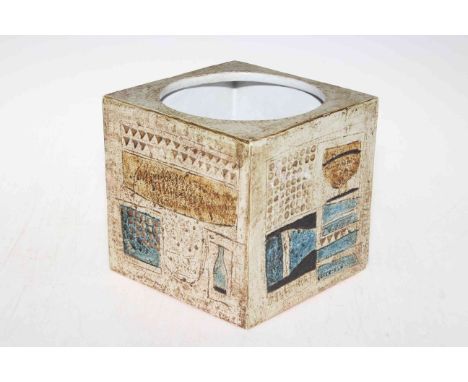 Troika square box vase, marked Troika, St. Ives, England and monogram possibly Honor Curtis, 15cm.