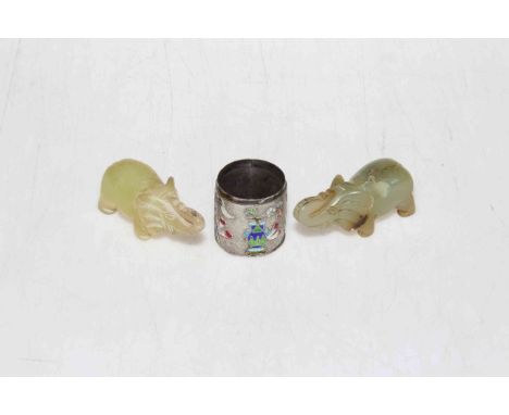 Two small jade elephants, 8cm length, and silver and enamel pot (3).