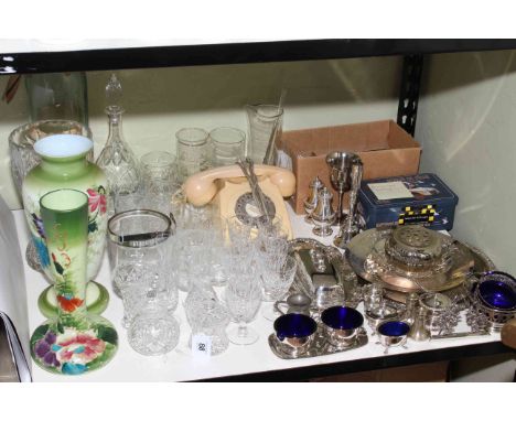 Collection of glassware, vintage telephone, metalwares, etc.