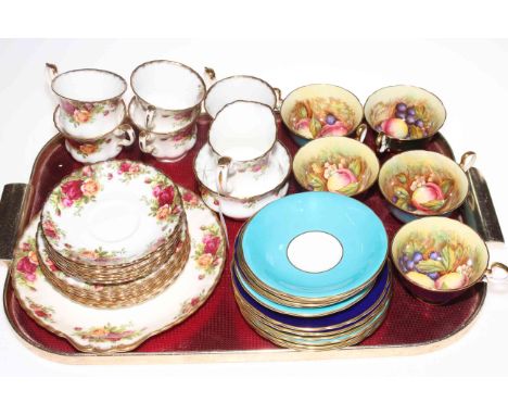 Aynsley R. Jones part tea set with five cups, along with Royal Albert Old Country Roses teaware.