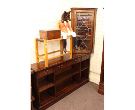 Three drawer mahogany open side cabinet, glazed door corner wall cabinet, mahogany sofa coffee table, circular pedestal occas