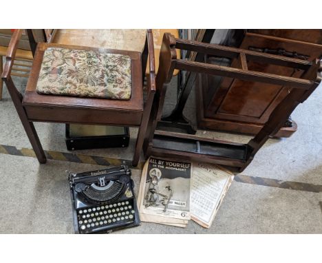 A mixed lot to include an early 20th century oak umbrella stand, typewriter, piano stool, cutlery and manuscripts, Location: 