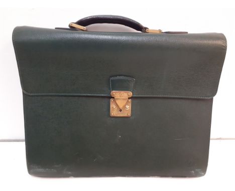 Louis Vuitton- A Robusto briefcase in dark green taiga leather, Serial Number MI 0994, 16" wide x 12" high, the hardware in b