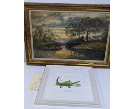 A Roald Dahl collectors edition print and R Kilner - a river scene oil on canvas, signed 
