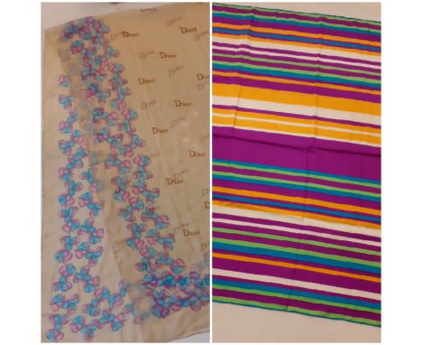 Christian Dior and Givenchy-A vintage Dior branded sheer wrap in beige with turquoise and pink bow design to the border havin