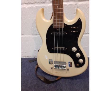 A 1970's Dallas Arbiter SG Short scale bass guitar A/F, in cream, 4 strings, having a leather shoulder strap. Location:RWFCon