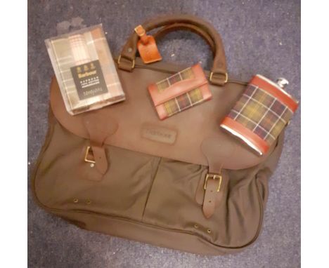 Barbour-A  brown wax cotton and leather laptop bag/soft briefcase, hardly used having a brown leather Harrods label and an un