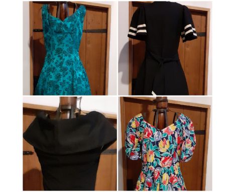 A group of vintage ladies dresses, 1950's-1990's, to include a 1950's turquoise sleeveless evening gown 36" chest x 58" long,