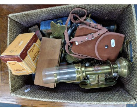 A mixed lot to include a GWR railway lantern/coach light, a German carriage clock, a Brownie camera, a lighter, a decorative 