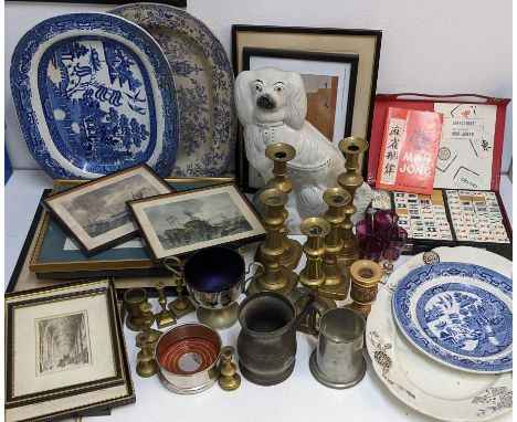 Brassware to include candlesticks, a Staffordshire model dog, glasses, a Mah Jong set, prints and meat plates, Location: 