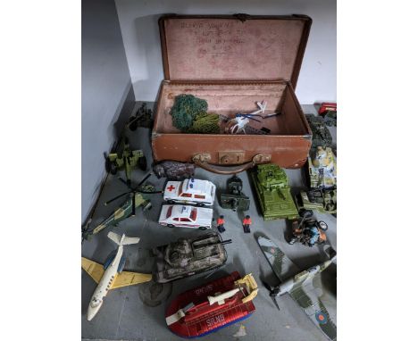 A collection of vintage military, TV related, and other diecast model vehicles to include a Dinky Toys Spectrum Pursuit Vehic
