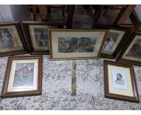 A selection of framed and glazed pictures to include an unsigned watercolour drawing of Boulter's Inn and bridge before, six 