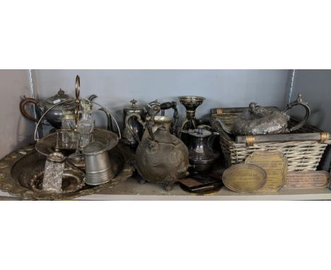 Silver plate and EPNS items to include an epergne, a basket on a pedestal stand, teapots and other items, Location: 
