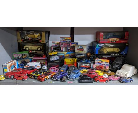 A mixed lot of diecast model cars to include Burago, Solido, Maisto, Majorette Club and Corgi Classics and others, some boxed