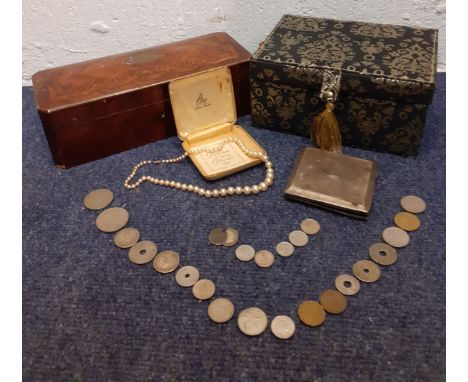 A mixed lot comprising an early 20th Century parquetry jewellery box A/F, a silver cigarette case makers mark SB &amp; S Ltd,