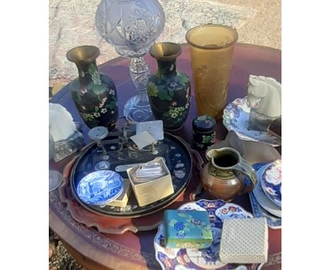 A large misc collection including Cloisonne enamel, Pottery brassware, Postal scales and similar&nbsp;