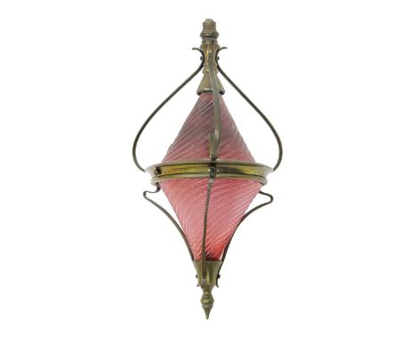A hanging patinated brass pendant lantern the design attributed to W.A.S Benson,   simple wirework structure supporting mould