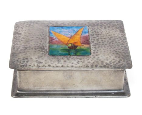 A Liberty & Co pewter box with enamel panel by Charles Fleetwood Varley, the hinged cover, with hammered finish, set with ena