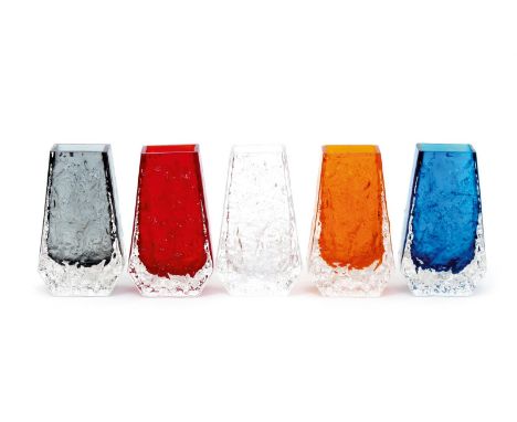 A Whitefriars Ruby glass Coffin vase designed by Geoffrey Baxter, and four other Coffin vases Tangerine, Glacier, Kingfisher 