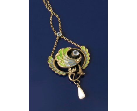 An Art Nouveau silver and plique a jour enamel pendant necklace by Carl Herman, pierced wirework frame of scrolling foliage w