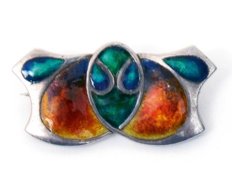 A Murrle Bennett silver and enamel bar brooch designed by Archibald Knox, cast in low relief with stylised foliate design, en