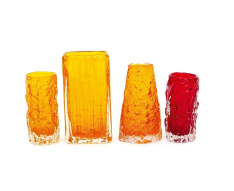 A Whitefriars Tangerine glass Bamboo vase designed by Geoffrey Baxter, two other Whitefriars Tangerine glass vases and a Whit