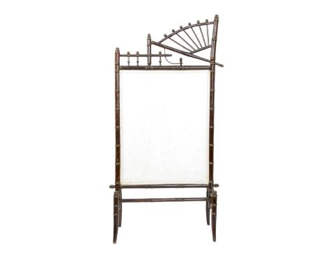 An Aesthetic Movement faux bamboo firescreen,  the asymmetric frame flanking textile panel, 112 x 58cm.