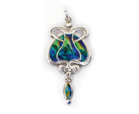 An Art Nouveau Marples & Beasley  silver and enamel pendant,  cast in low relief and pierced decoration, enamelled in blue an