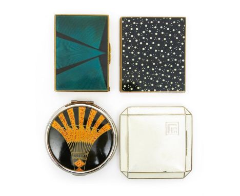 A Stratton enamelled metal compact,  circular with hinged cover, enamelled with Egyptianesque panel in black and orange, a Lu
