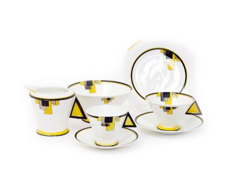 A Shelley Pottery Yellow Block  Vogue part tea set designed by Eric Slater, pattern 11787, printed and painted in yellow, bla