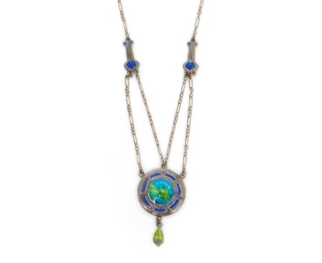 A James Fenton silver and enamel pendant necklace,  circular form with domed turquoise and green domed roundel, the rim ename
