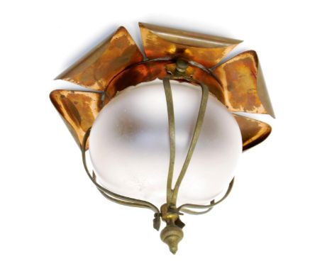 A W.A.S Benson copper and brass hanging ceiling lantern,  the copper floriform reflector with three pairs of curved brass col