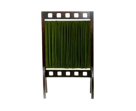 A Glasgow School oak firescreen,  the rectangular frame with cut-out square decoration to top and bottom rail, above green ve