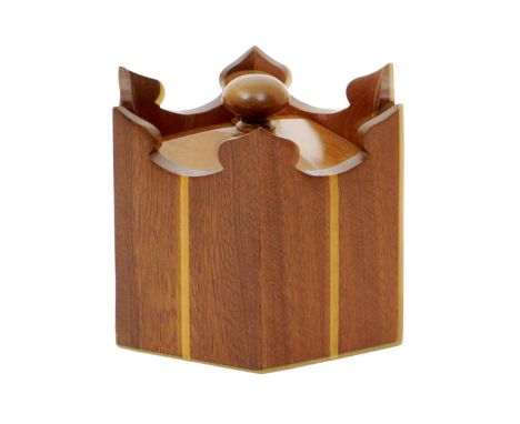 A Cotswold School walnut caddy and cover the design attributed to Hugh Birkett,  hexagonal section the caddy formed as a crow