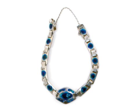 A Murrle Bennett silver and enamel bracelet,  rectangular link bracelet with lozenge shape panel enamelled in green and blue 
